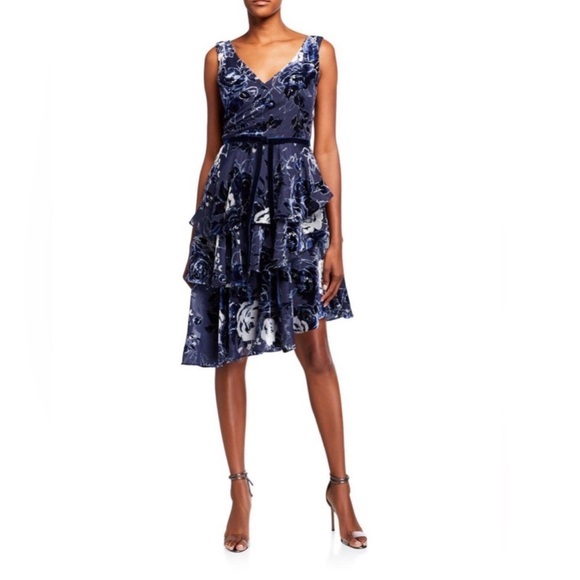 Marchesa Notte Whimsical Crushed Velvet V-Neck Sleeveless Ruffled Midi Dress